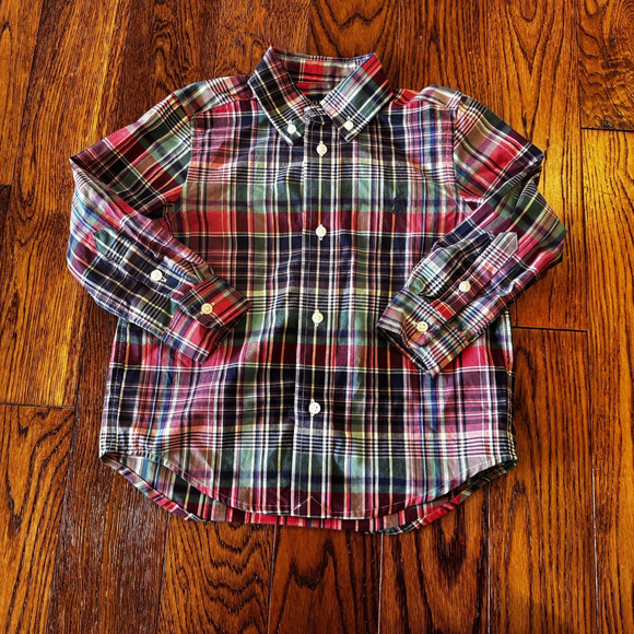 Polo Ralph Lauren Boys 2T Natural Stretch Red Plaid Button Down Long Sleeve - Picture 1 of 11